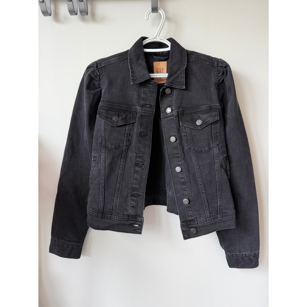 Gap Womens Puff Shoulder Denim Jacket Black Faded Jean Trucker Coat Medium